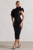 Orchestra Black One Shoulder Ruffled Midi Dress