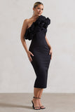 Orchestra Black One Shoulder Ruffled Midi Dress