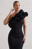 Orchestra Black One Shoulder Ruffled Midi Dress