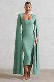 No Replacement Sage Green Square-Neck Cape-Sleeve Midi Dress