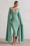 No Replacement Sage Green Square-Neck Cape-Sleeve Midi Dress