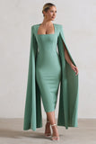 No Replacement Sage Green Square-Neck Cape-Sleeve Midi Dress