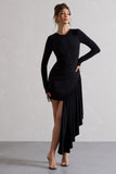 Tate Black Long-Sleeve Wrap Mini Dress With Drape