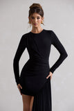 Tate Black Long-Sleeve Wrap Mini Dress With Drape
