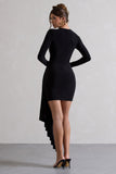 Tate Black Long-Sleeve Wrap Mini Dress With Drape
