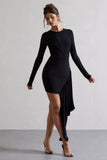 Tate Black Long-Sleeve Wrap Mini Dress With Drape