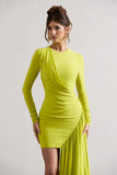 Tate Lime Green Long-Sleeve Wrap Mini Dress With Drape