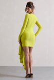 Tate Lime Green Long-Sleeve Wrap Mini Dress With Drape