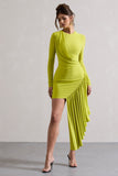 Tate Lime Green Long-Sleeve Wrap Mini Dress With Drape