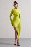 Tate Lime Green Long-Sleeve Wrap Mini Dress With Drape