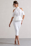 Yves White High-Neck Cut-Out Midi Dress With Peplum Waist