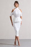 Yves White High-Neck Cut-Out Midi Dress With Peplum Waist