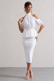 Yves White High-Neck Cut-Out Midi Dress With Peplum Waist