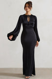 Wild Rose Black Satin Puff-Sleeve Cut-Out Maxi Dress