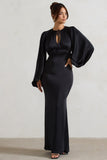 Wild Rose Black Satin Puff-Sleeve Cut-Out Maxi Dress