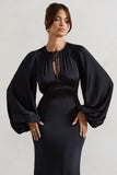 Wild Rose Black Satin Puff-Sleeve Cut-Out Maxi Dress