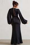 Wild Rose Black Satin Puff-Sleeve Cut-Out Maxi Dress