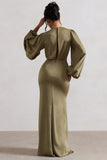 Wild Rose Olive Satin Puff-Sleeve Cut-Out Maxi Dress