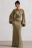 Wild Rose Olive Satin Puff-Sleeve Cut-Out Maxi Dress