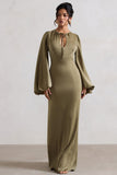 Wild Rose Olive Satin Puff-Sleeve Cut-Out Maxi Dress