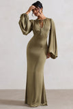 Wild Rose Olive Satin Puff-Sleeve Cut-Out Maxi Dress