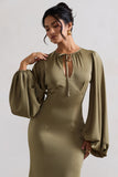 Wild Rose Olive Satin Puff-Sleeve Cut-Out Maxi Dress