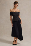 Hattie Black Bardot Tailored Midi Dress With Plisse Skirt