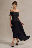Hattie Black Bardot Tailored Midi Dress With Plisse Skirt