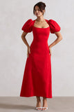 Hacienda Red Poplin Puff-Sleeve Maxi Dress