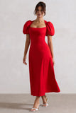 Hacienda Red Poplin Puff-Sleeve Maxi Dress