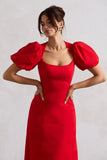 Hacienda Red Poplin Puff-Sleeve Maxi Dress