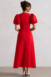 Hacienda Red Poplin Puff-Sleeve Maxi Dress