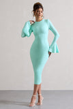 Rhyanne Mint Bodycon Flared-Sleeve Midi Dress