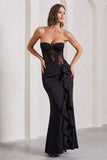 Attention Please Black Strapless Lace Panelled Corset Split Maxi Dress