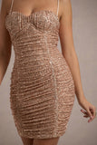 Gem Rose Gold Sequin Ruched Strappy Mini Dress