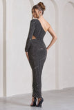 Reflection Black Embellished One Sleeve Cut-Out Split Maxi Dress