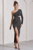 Reflection Black Embellished One Sleeve Cut-Out Split Maxi Dress