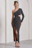 Reflection Black Embellished One Sleeve Cut-Out Split Maxi Dress