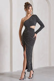 Reflection Black Embellished One Sleeve Cut-Out Split Maxi Dress