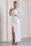 Reflection White Embellished One Sleeve Cut-Out Split Maxi Dress