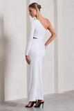 Reflection White Embellished One Sleeve Cut-Out Split Maxi Dress