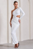 Reflection White Embellished One Sleeve Cut-Out Split Maxi Dress