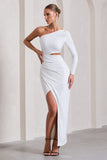 Reflection White Embellished One Sleeve Cut-Out Split Maxi Dress