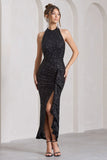 Under The Stars Black Sequin High-Neck Open-Back Maxi Dress With Drape