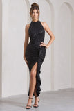 Under The Stars Black Sequin High-Neck Open-Back Maxi Dress With Drape