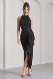 Under The Stars Black Sequin High-Neck Open-Back Maxi Dress With Drape