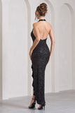 Under The Stars Black Sequin High-Neck Open-Back Maxi Dress With Drape