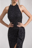 Under The Stars Black Sequin High-Neck Open-Back Maxi Dress With Drape