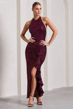 Under The Stars Plum Sequin High-Neck Open-Back Maxi Dress With Drape