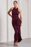 Under The Stars Plum Sequin High-Neck Open-Back Maxi Dress With Drape